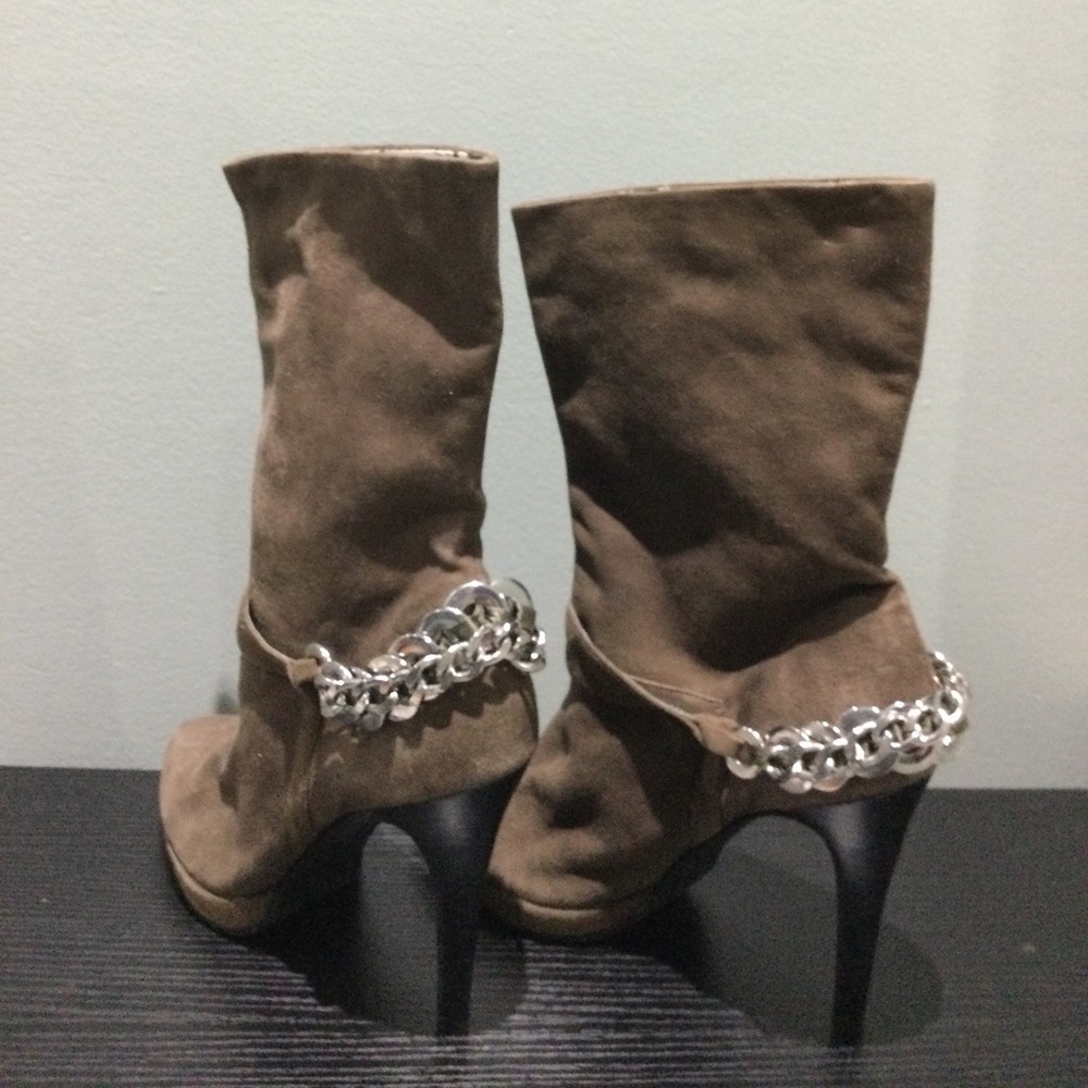 Calvin Klein Suede Brown Heeled Boots with Chain Detail - Picture 2 of 6